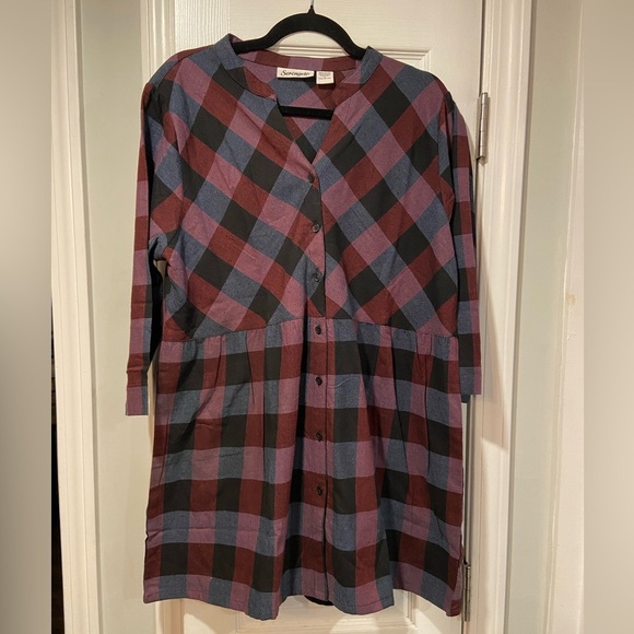 NWOT Serengeti Size L Long Sleeve Black Burgundy Check Flannel Button Mini Dress - Picture 2 of 12
